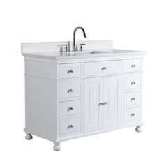 a white bathroom vanity with two sinks and faucets on the top, against a white background