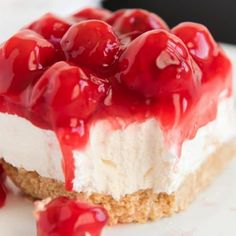 a piece of cheesecake with cherries on top