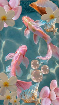 pink and white fish swimming in clear blue water with flower petals floating on the bottom