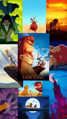 the lion king movie poster with many different colors and characters in each picture, including one man