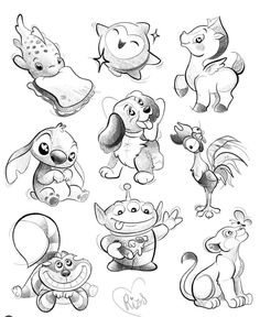 some cartoon animals that are drawn in black and white