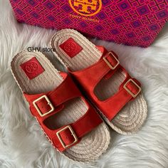 Brand New With Box Color: Bright Samba Kid Suede Jute Trim Tory Burch Hardware Logo Multistrap & Buckle Closure At Uppers Red Leather Espadrilles, Tory Burch Espadrilles, Denim Espadrilles, Espadrilles Shoes, Hardware Logo, Suede Slides, Women Platform Shoes, Women's Espadrilles, Strap Wedge