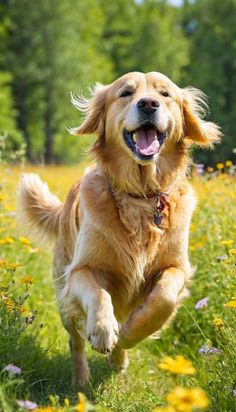 a golden retriever running through a field full of wildflowers with its mouth open