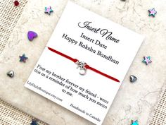 Raksha Bandhan Card - Make a wish bracelets are the perfect gift to give to your dear brother on this special day. Other message cards are also available for different occasions such as weddings or birthdays too.***   ATTENTION USA destinations - this bracelet will arrive in the USA around 2 to 4 days with a shipping upgrade of ONLY $5 more!!  Get your shipping upgrade here:https://www.etsy.com/ca/listing/726868427/us-shipping-upgrade-with-standard?ref=shop_home_active_1&frs=1The bracelet le Personalized Red Wristband Gift, Raksha Bandhan Songs, Raksha Bandhan Pics, Rakhi Message, Happy Raksha Bandhan Quotes, Rakhi Quotes, Raksha Bandhan Messages, Rakhi For Kids, Raksha Bandhan Cards