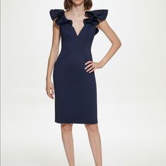 New With Tags, Retails New For $148. Eliza J Women's Sleeveless Dress With Ruffle Detail In Navy. Size 4. Perfect For A Gala Or To Wear To A Wedding. You And This Elegant Cocktail Dress Must Be Soulmates! The Sheath Fit Piece Boasts Structured Seaming, A Flattering Knee-Length Hem, And A Plunging Neckline Framed By Dramatic Ruffled Shoulders. Description: Hidden Back Zip Closure. 90% Poly, 10% Spandex Imported Dry Clean From A Pet Free And Smoke Free Home. Blue Sleeveless Evening Dress With Ruffles, Elegant Blue Ruffled Sleeveless Dress, Elegant Blue Sleeveless Dress With Ruffles, Blue Knee-length Ruffled Sleeveless Dress, Fitted Blue Sleeveless Dress With Ruffles, Blue Sleeveless Midi Dress With Ruffles, Blue Fitted Sleeveless Dress With Ruffles, Blue Ruffled Midi Sleeveless Dress, Blue Midi Sleeveless Dress With Ruffles