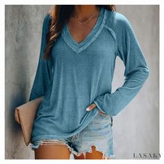 Lasaky - Solid Color Knit Patchwork Casual Shirt with Long Sleeves and Collar Plus Size Tees, Fitted Blouses, Mori Girl, Outfits Casuales, Long Sleeve Casual, Stylus, Moda Casual, Collar Shirts, Long Sleeve Pullover