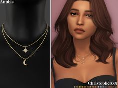 the necklace is made up of gold chains and has a crescent pendant on it, along with an image of a woman's face