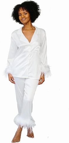 Belle's Design Feather Bridal Pajamas - Satin Silk Pants and Long Sleeve Feather Trim, Wedding, Bachelorette Party Sleepwear, White/XX-Large at Amazon Women’s Clothing store Christmas Pajama Pictures, Bachelorette Gift Bags, Bridal Pajamas, Wedding Bachelorette Party, Satin Pajama, Silk Pajama Set, Feather Trim, Morning Wedding, Satin Pajamas