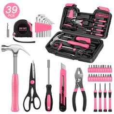 the pink tool set is packed with tools