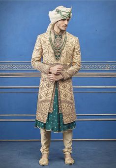 Handcrafted Designer Sherwani for groom made from the finest silk jacquard fabric will make you feel like a king on the happiest & most important day of your life.you can customize it according to your measurement as the fitting make it more beautiful to wear. COST INCLUDED SHERWANI,KURTA & PYJAMA Unique Mens Wedding Suits, Sherwani For Groom, Groom Sherwani, Sherwani For Men Wedding, Mens Wear Wedding, Indian Groom Wear, Sherwani Groom, Mens Sherwani, Sherwani For Men