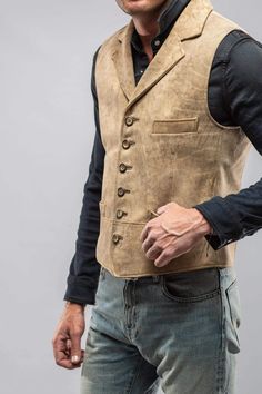 This vest in vintage beige, with a distressed look, will get even better as the years pass. A terrific layering piece , looks fabulous with both a turtle neck or dress shirt, making this an absolute essential which you will enjoy forever. Deerskin Vegetable-tanned Distressed look Besom pockets Tailored Layering piece Notch collar Adjustable belted back Six buttons True to size European sizes S(48), M(50), L(52), XL(54), XXL(56), XXXL(58), 4XL(60) Vest Outfits Men, Mens Western Wear, Distinguished Gentleman, Vintage Western Wear, Mens Western, African Dresses Men, Collar Vest, Outfit Wedding, Shirt Making