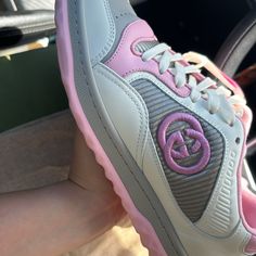 Gucci Pink Sneakers Worn 3-4x Slight Creases As Shown In Pics Inside Sole And Bottom Sole Look New Extra Shoe Laces, Both Dust Bags, Box Included True To Size Off White Sneakers, Gucci Pink, Shoes Gucci, Pink Sneakers, Gucci Shoes, White Sneakers, Womens Shoes Sneakers, Shoe Laces, Dust Bag