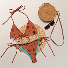 Yeehaw Brown Cattle Brand String Bikini Get ready for summer with this double-layered, UPF 50+ custom made Yeehaw String Bikini set. designed exclusively by Baha Ranch Western Wear! Made from soft and stretchy recycled polyester, this eco-friendly set is a staple in swimwear—and it’s great for pairing with other outfits! The combination of comfort and versatility makes this set a must-have for any swimwear collection. Custom made swim suit line by BAHA RANCH WESTERN WEAR! you won't find these AN Western Swimsuit, Cattle Brands, Get Ready For Summer, Other Outfits, Blankets For Sale, Swimwear Collection, Swim Suit, Turks And Caicos Islands, Western Wear