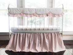 White and Baby Pink | Scalloped Crib Rail Cover Set Farmhouse Crib, Farmhouse Cribs, Pink Farmhouse, Girl Nursery Bedding, White Crib, Crib Rail Cover, Sweet Nursery, Crib Rail