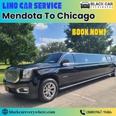 a black limo parked in a parking lot with the caption mendota to chicago book now