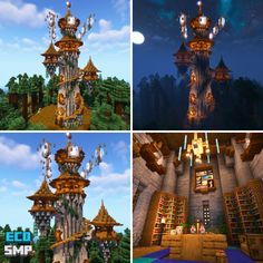 four different views of the same building in minecraft