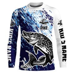 a long sleeved shirt with a fish on it and the words pike in white, blue