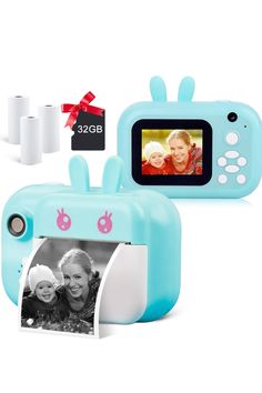 a blue camera with two pictures on it