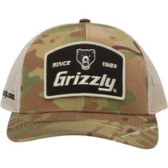 T33966 Camo Grizzly Hat   A Grizzly trucker hat with a comfortable fit.   Show your love of Grizzly with one of our adjustable and stylish hats!
  The patch on theT33966 honors the tradition of our unique and original grizzly bear head logo over the MultiCam camouflage front panels and visor.
  This hat includes "grizzly.com" stitched in the back as an added touch.
  One size fits most.   FEATURES:    Chino twill front panels   Pre-curved visor   Mesh back   Plastic snap closure Trucker Snapback Hat For Outdoor, Durable Adjustable Casual Trucker Hat, Trash Fashion, Customized Shoes, Mens Hats, Bear Head, Camo Hats, Stylish Hats, White Hat