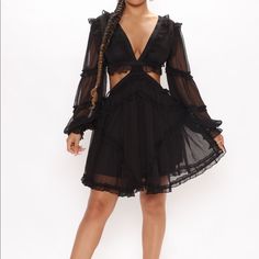 Long Sleeve, Ruffle Mini Dress, With Beautiful Back Detail Black Ruffles Mini Dress For Going Out, Black Ruffle Dress For Going Out, Black Ruffled Dress For Going Out, Black Cutout Dress For Spring, Mini Dress Long Sleeve, Dresses Fashion Nova, Flare Mini Dress, Black Mini Dress, Ruffle Mini Dress