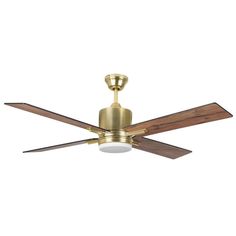 a ceiling fan with two wooden blades and a light on the bottom one is gold