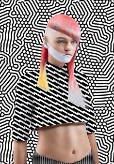 a woman with pink hair and white tape on her face in front of an abstract background