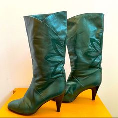 Amazing Condition! Resoled And Reheeled. Made In Italy. Beautifully Crafted Floral Application On These Supple Leather Boots. Metallic Green Sheen. Tiny Mark On Heel Unseen When Worn. (See Pic) 3” Heel 12” Shaft Dark Green Platform Boots, Vintage Formal Boots For Spring, Green Platform Boots, Green Leather Boots, Green Platform, Platform Boots, Green Leather, Vintage Shoes, Shoes Heels Boots