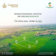 an aerial view of green fields and trees with the words, design your ideal lifestyle on this