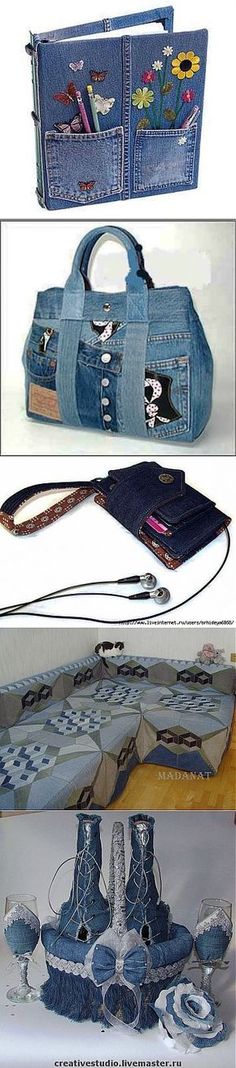 three pictures of different purses and handbags made out of old jeans, including one with flowers on them