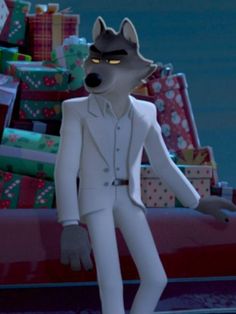 a wolf in a suit standing next to presents