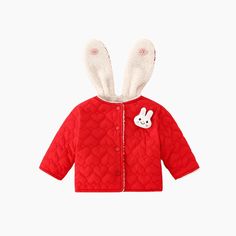 Bundle up your little one in adorable style with our Rabbit Ear Girl Winter Coat! Perfect for the chilly months, this cute and cozy coat is a must-have for any fashion-forward toddler. Featuring delightful rabbit ear details on the hood and a charming little rabbit decorative panel, this coat brings fun and fashion together. Ensuring your child stays comfortable and mobile during outdoor play or any winter adventure. Imagine your little girl wrapped in this sweet and simple solid color coat, tur Cute Cotton Warm Outerwear, Cute Warm Cotton Outerwear, Cute Winter Outerwear For Playtime, Red Outerwear For Playtime In Fall, Red Outerwear For Fall Playtime, Playful Red Long Sleeve Outerwear, Red Cotton Outerwear For Playtime, Adorable Style, Cozy Coats