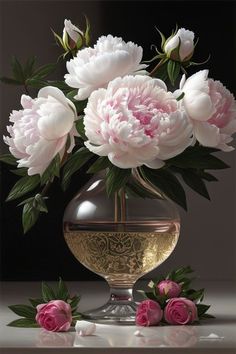 a vase filled with pink flowers on top of a table