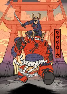 an image of two people riding on the back of a red and blue samurai robot