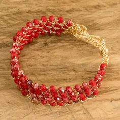 Handcrafted Red Crystal Beaded Strand Bracelet - Red Routes | NOVICA Hand Beaded Jewelry, Rattan Handbags, Shimmer Lights, Buy Crystals, Unique Bracelets, Glass Beaded Bracelets, Strand Bracelet, Red Crystals, Jewelry Packaging