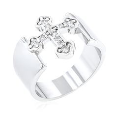 Introducing our Women's Silver Cross Band, a beautifully designed ring that symbolizes faith and elegance. This striking piece features a round cubic zirconia set in a prong setting, ensuring maximum brilliance and shine. The band, measuring 7.4 mm in width, is crafted from lead-free alloy brass and finished in a stunning silvertone, making it a versatile addition to any jewelry collection. Perfect for everyday wear or special occasions, this ring is a meaningful expression of style and belief. Beauty For Ashes, Wide Silver Band, Worship Flags, Ashes Jewelry, Cross Ring, Wide Band Rings, Silver Band Ring, Gold Cross, Brass Jewelry