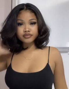 Longer Bob Black Women, Feathered Curtain Bangs Short Hair, Side Part Bob Silk Press Natural Hair, Layers On Short Hair With Bangs, Neck Length Bob With Layers, Almost Shoulder Length Hair, Shoulder Length Hairstyle Women Black Woman, Layered Lob Black Women, Straight Bobs For Black Women