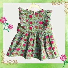 Classic girls dress with ruffle on front and back and gathered skirt . Pretty and soft cotton hand block print . Wear it stylishly. Features back opening  Garment Sizing for relaxed fit  12 M : chest - 22 inches ; length - 17 inches 18M : chest - 23 inches ; length - 18 inches 2T : chest - 24 inches ; length - 19 inches 3T : chest - 25 inches ; length - 20inches 4T : chest - 26inches ; length - 21 inches 5T : chest - 27 inches ; length - 22 inches 6T : chest - 28inches ; length - 23.5 inches 7T Cotton Sundress For Garden Party With Floral Design, Cotton Floral Sundress For Garden Party, Sleeveless Cotton Ruffle Dress With Ruffle Hem, Cotton Dresses With Ruffle Hem And Flutter Sleeves, Pink Cotton Dress With Ruffles, Cotton Ruffle Dress For Garden Party, Pink Cotton Ruffle Dress For Summer, Cute Cotton Ruffle Dress With Short Sleeves, Sleeveless Cotton Ruffle Dress For Garden Party