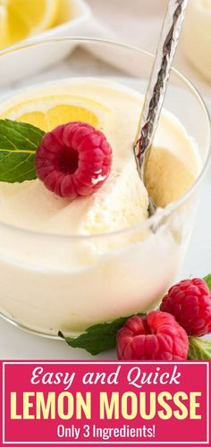 lemon mousse with raspberries in a glass bowl