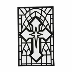 a black and white stained glass window with an arrow on it's center piece