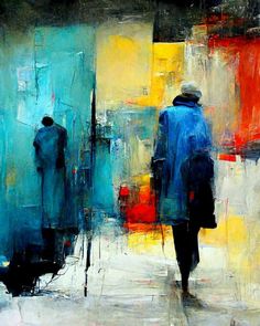 an abstract painting of two people walking down the street