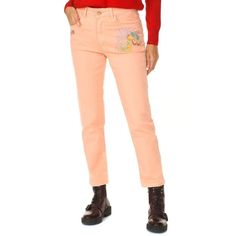 Desigual Jeans Pants Coral Embroidered High Rise Stretch. Long Jeans. Peach Color Waistband With Belt Loops. Button And Zip Closure. Two Pens And A Mini Pocket On The Front. Original Embroidery Of The Brand On The Front. Two Pockets On The Back. Stretch Fabric. Matching Visible Seams. Composition: 80% Cotton, 18% Viscose, 2% Elastane Washing Instructions: - Wash Maximum At 30c. -Ironing At Medium Temperature 110. - Does Not Allow To Use Tumble Dryer. - Do Not Use Bleach. - It Does Not Admit Dry Orange Jeans For Spring, Spring Orange Jeans With Pockets, Orange Straight Leg Jeans For Spring, Spring Pink Pants With Floral Embroidery, Pink Floral Embroidered Pants For Spring, Orange Cotton Bottoms For Spring, Spring Orange Cotton Bottoms, Orange Cotton Straight Leg Jeans, Cotton Bottoms With Multicolor Embroidery