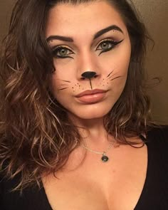 DIY Cat Halloween Costume Makeup Idea #halloweenmakeup #halloween #catmakeup Makeup For Cat Costume, East Cat Makeup Halloween, Woman’s Cat Costume, Kitten Halloween Costume For Women, Kitty Cat Costume Women, Adult Cat Makeup, Kitty Cat Makeup Halloween, Womens Cat Costume Diy, Halloween Costumes Handmade