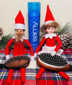 two elfs sitting next to each other on top of a table with hair brushes