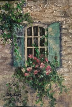 a painting of an open window with flowers on the outside and green shutters in front