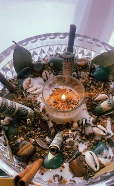 a glass bowl filled with lots of different items