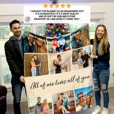 two people standing next to a banner with pictures on it that says all of me loves all of you