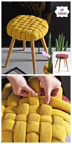 the foot stool is made out of yellow yarn