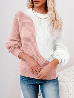 Our Grania Knit comes in a white and pink block tone. This cropped knit features a round neck and long relaxed batwing sleeves for a warm, comfortable fit. It's an elegant layer to keep you warm and classy during the colder months ahead! Size Guide: Melina is 5’6” tall, and has a 33.5” bust, 24.8”waist, & 37.4” hips. She is wearing a S / US 4 / AU 8. This knit sweater is true to size. Material: 52% Acrylic, 28% polyamide, 20% polyester. Key Features: Relaxed fit. Oversized Fit. Pull on style. Ba Khaki Green Blazer, Light Blue Blazer, Purple Two Piece, Womens Black Sweater, Block Color, Blue Long Sleeve Tops, Trendy Sweaters, Long Sleeve Tops Casual, Round Neck Sweaters