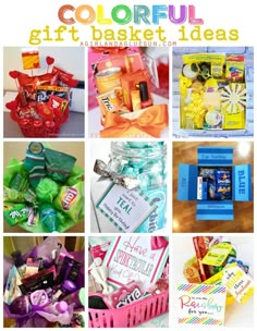 an instagram page with different items on it and the text colorful gift basket ideas