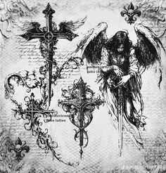 an ink drawing of angels and crosses